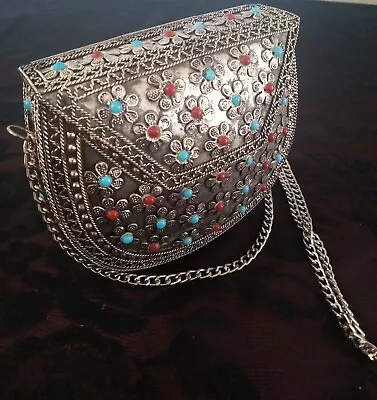 Beautiful Vintage Metal Clutch Purse W/ Blue & Red Stones & Black Interior • $45