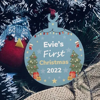 Personalised Baby's First First Christmas Wood Bauble Decoration Baby Boy Girl • £3.99