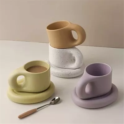 Ceramic Coffee Mug Multicolor With Plate And Big Handle -Perfect Tea Cup Coffee • $15.95