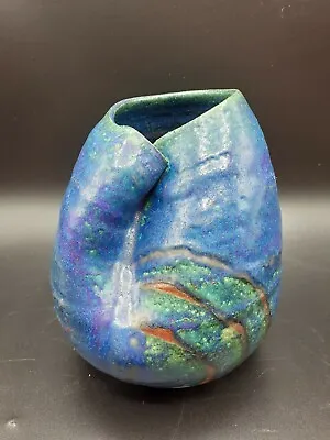 Signed Modernist Ceramic Vase Drip Glaze On Blue With A Twist 6 X6  • $42.90