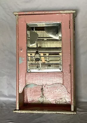 Shabby Antique Oak Medicine Cabinet Beveled Mirror Pink Cottage Chic Vtg 164-22E • $275