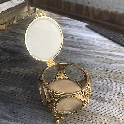 VTG Rose Ormolu Bevel 5 Sided Glass Jewelry Casket Box 5”X5”X5” • $125