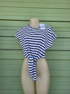 ZARA WHITE BLUE STRIPED KNOTTED Cropped Tee TOP 100% COTTON M O269 • $12.99