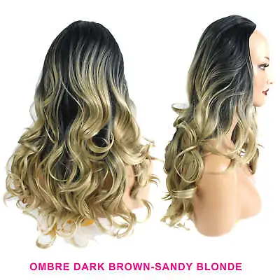 Ladies 3/4 Half Wig Dark Brown/Sandy Blonde Ombre Wavy 22  Heat Resistant Hair • £16.99