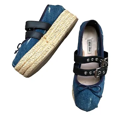 MIU MIU Blue Denim Espadrille Platform Punk Ribbon Lace Ballerina Flats  36.5 • $499.99