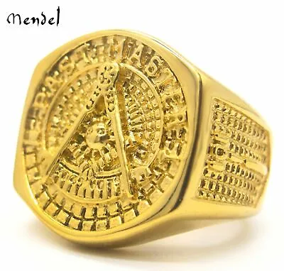 MENDEL Mens Stainless Steel Gold Plated Masonic Past Master Ring Size 7 8 9-15 • $14.99