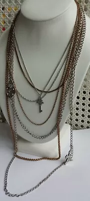 Steampunk Style Gold & Silver Chain Necklace Cross Lock Key Multi Strand Goth • $17.87