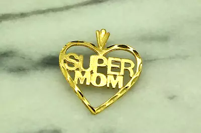 14K Yellow Gold Open Heart Framed SUPER MOM Pendant Charm • $151.89