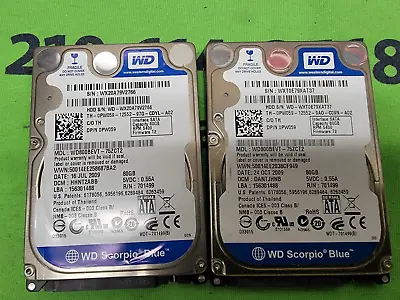 LOT OF 2 - Western Digital 80GB 2.5  SATA HDD WD800BEVT-75ZCT2 • $20