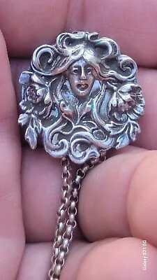 Antique Vintage Art Nouveau Maiden Sterling Silver Pocket Watch Slider Chain • $199
