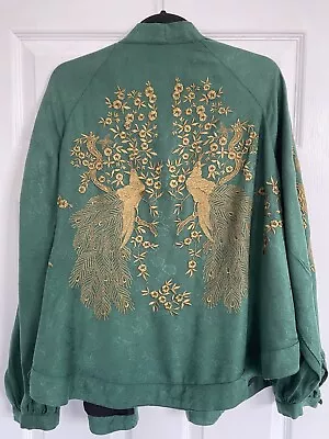 Zara Jade Emerald Green Gold Jacquard Embroidered Peacock Kimono Jacket Size S  • $62.26