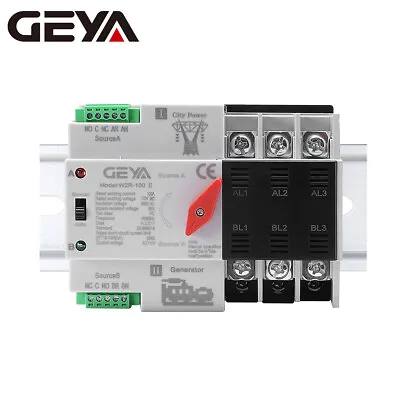 GEYA Automatic Transfer Switch 3P 100A 110V Grid To AC Generator Dual Power RAIL • $46.52