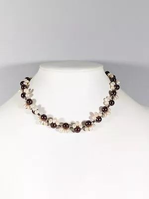 Vintage Ivory Color Pearl Brown Acrylic Bead Twist Choker Necklace 16 Inches • $7.34