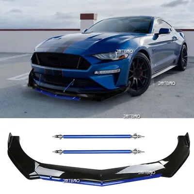 For Ford Mustang GT Mach 1 Car Front Bumper Lip Splitter + Strut Rods Blue/Black • $89.54