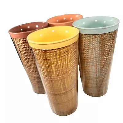 Vtg Raffia Burlap Rattan Wicker Melmac Insulated Retro PLASTIC TUMBLERS Lot Of 4 • $24.95