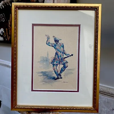 Vintage Medieval Print Dancing Harlequin Court Jester Framed Matted Signed • $28