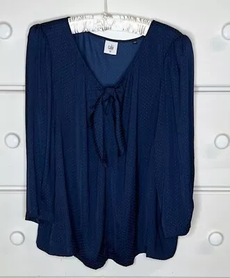 Cabi #5525 Navy Blue Knot Dot Tie Neck 3/4 Sleeves Top Blouse - Size XL • $14.95