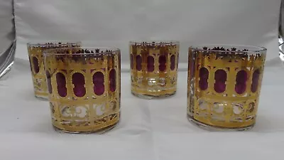 Set Of 4 Vintage Culver Low Ball Rocks Glass Purple Gold Cranberry Scroll • $59.99