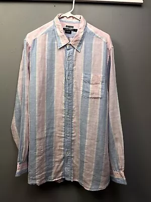 Island Company Shirt Men's Large Linen Classic Striped Button Beach Pink Blue • $22.99