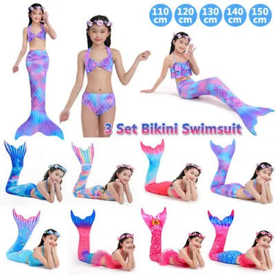 3pcs Kids Girls Mermaid Tail Swimming Costume Swimmable Bikini Set Swimsuits UK • £18.99