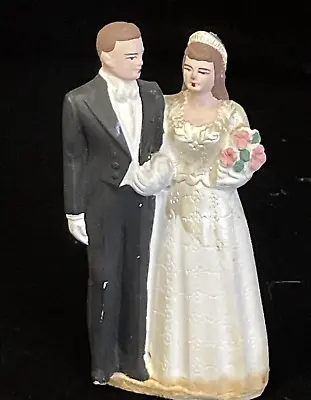 $10 • Buy Vintage Chalkware Wedding Cake Topper Bride & Groom Figurine 4 1/2 