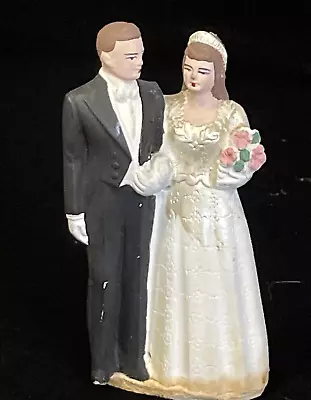 $10 • Buy Vintage Chalkware Wedding Cake Topper Bride & Groom Figurine 4 1/2 