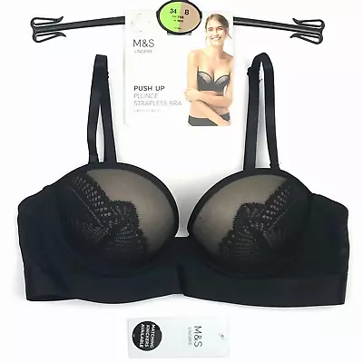 M&S Underwired Padded Push Up Strapless Multiway Plunge Bra Black 34B BNWT • £16.99