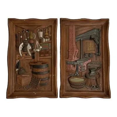 Mid Century Wall Art General Store & Blacksmith Scene Resin 15  X 9.5  Set Of 2 • $35.99