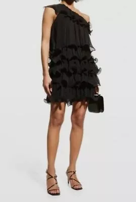 $495 Milly Women's Black Blakely Tiered Ruffle Trapeze Mini Dress Size 12 • $158.38