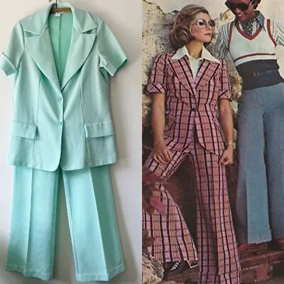 Vintage 70s Sears 2 Piece Mint Green Striped Pants Suit Women's Polyester L • $75