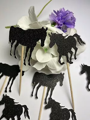 12 HORSES IN BLACK GLITTER Cupcake Pick Toppers Horse Pick Cake Decorations • £3.59