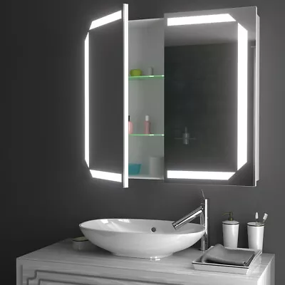 Bathroom Led Mirror Cabinet 2 Doors Toiletries Medicine Organizer Shaver Socket • £189.95