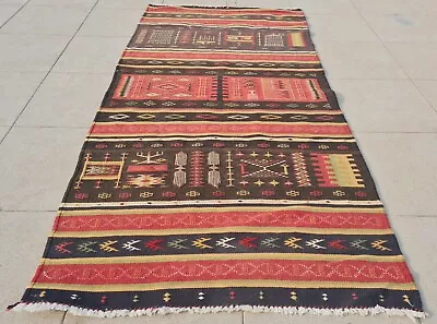 Authentic Hand Knotted Vintage Morocco Sumouk Kilim Wool Area Rug 4.10 X 2.4 Ft • $8.50