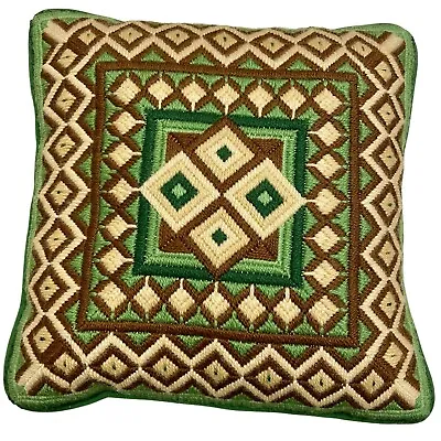 Vintage 1970s Handmade Crewel Throw Pillow Velvet Geometric Green Granny Core • $45