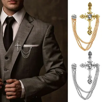 Men Rhinestone Cross Chain Brooch Lapel Pin Shirt Suit Wedding Accessories Gift • £5.99