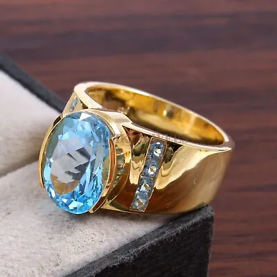 Natural Blue Topaz Gemstone With Gold Plated 925 Sterling Silver Men's Ring #640 • £122.95