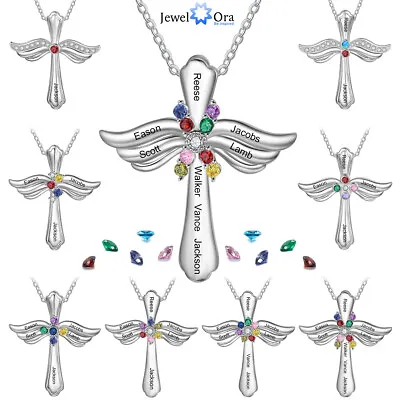 $14.50 • Buy Ladies Mother Cross Necklace Angel Wing Pendant Personalized 1-8 Name Birthstone