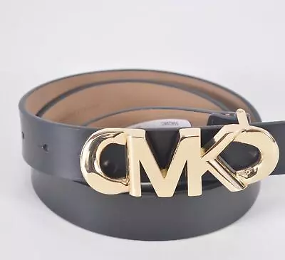 NEW Michael Kors Women's Leather Golden MK Buckle Adjustable Belt Size M BLACK • $37.80