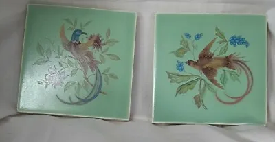 Vtg Decorative Tiles Wall Hanging Trivet Exotic Birds Flowers On Light Green 4  • $15