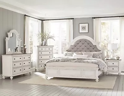 Traditional Design - 5 Piece Queen King Bedroom Set - Antique White & Fabric A4G • $2579.88