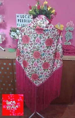 Mantón Triangular Flores Manila Con Flecos De Seda / Flamenco Shawl • $80