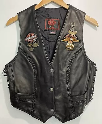 Leather Motorcycle Vest Women’s Large HOG Harley Davidson Pins & Patches Vintage • $67.50