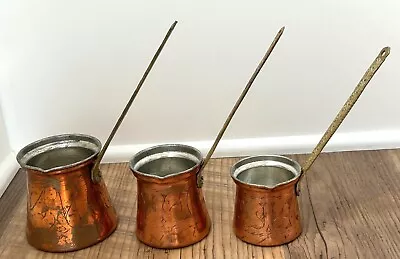 Set Of 3 Vintage Turkish Etched Copper Graduated Coffee Pots With Brass Handles • $45