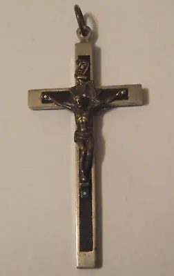 Antique Vintage 4.25  Nun's Pectoral Habit Crucifix Ebony Inlay Rosary Pendant • $75