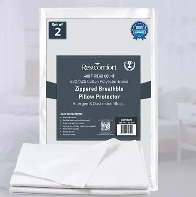 2 Pack Zipper Pillow Protector Breathable 400 TC 80% Cotton 20% Polyester Blend • $19.99