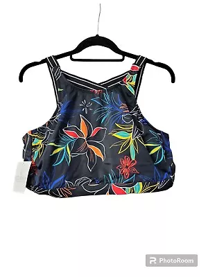Eco Beach Black Multi Color Flowers Swim Top Strappy Back Bikini High Neck XL  • $8