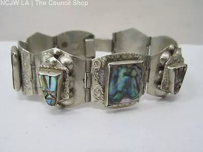 VTG Mexico 925 Sterling Silver Abalone Aztec Mask Panel 7.25  Bracelet- 39.74g • $50