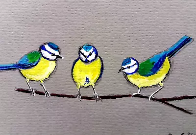 ACEO Original Bird Painting 'Blue Tits-Colours In A Grey Sky'  By AlisonE • £1.99