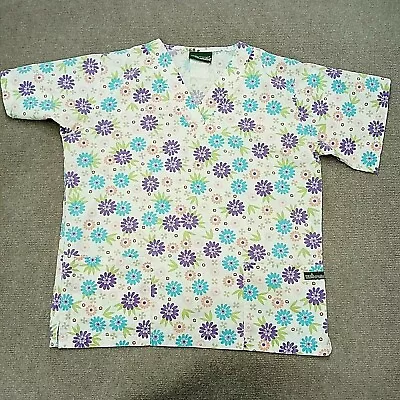 Ua Scrubs Top Women Large Floral Pattern Purple  Blue Short Sleeve Pockets • $11.27