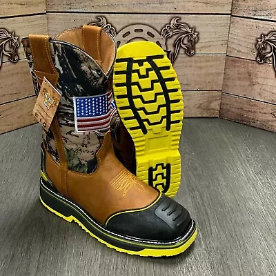 Men's Steel Toe Work Boots American Flag Style Soft Leather Inside Shaft Safety  • $99.99